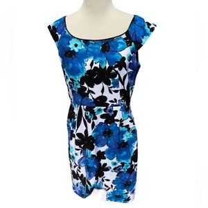Sandra Darren Blue & Black Floral Capped Sleeve Midi Dress